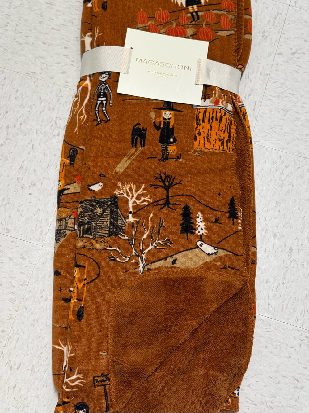 Magaschoni Rust Orange Halloween Village Plush Throw